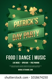 Holiday poster to celebrate St. Patrick's Day. Green tape with inscription: "Patrick's Day Party" and gold clover leaves. Design concept advertising, invitation, banner. Vector illustration.