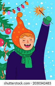 Holiday poster child laughs and holds sparkler outdoor. Happy little girl celebrates New Year and Merry Christmas. Winter family celebration eve banner. Vector drawing eps illustration