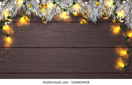 Holiday poster from Christmas gold  lights, Garland on wooden background with bokeh and silver branches of fir, tree. Wood table. Vector illustration. New Year template decoration, design, decor.