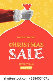 Holiday poster for Christmas sale. Vector illustration with retro halftone Santa Claus hand holding Santa's bag with gifts. Christmas or New Year collage for ads, banner, social media.