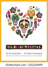 Holiday poster or flyer template decorated by Mexican calaveras or skulls, candles, maracas, flowers organized in heart. Celebratory vector illustration for Day of The Dead party advertisement.