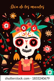 Holiday poster with Frida Kahlo skeleton with folk decorations and flowers. Dia de los muertos card with woman skull. Festival placard. Flat vector cartoon illustration of template for Day of the Dead