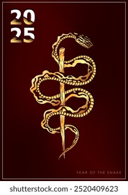 Holiday poster with hand drawn coiled Asian snake for 2025 Lunar New Year. Snake reptile as Chinese horoscope sign on red background. Minimalist greeting card with mascot for Christmas