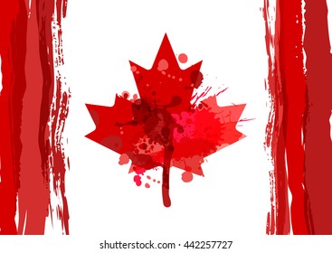 Holiday poster with hand drawn watercolor Canada maple leaf. Happy Canada Day watercolor horizontal background. Grunge canadian flag illustration. Design for banner or greeting cards.