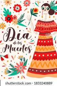 Holiday poster with hispanic woman skeleton in dress. Dia de los muertos vertical festive placard. Flat vector cartoon illustration of floral template for mexican Day of the Dead