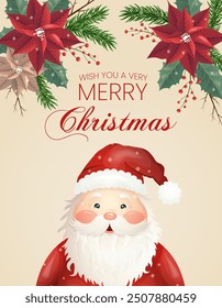 Holiday poster with Jolly Santa Claus character, Christmas flower, spruce branches and hollyhock. Festive vector illustration for Christmas greeting card, banner and seasonal promotions.Holiday poster