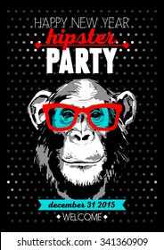 Holiday poster for Merry Christmas and Happy New Year Hipster party with hand drawn sketch monkey portrait. Vector illustration for card, print, fashion design and t-shirt graphics