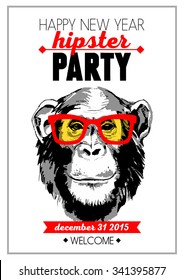 Holiday Poster For Merry Christmas And Happy New Year Hipster Party With Hand Drawn Sketch Monkey Portrait. Vector Illustration For Card, Print, Fashion Design And T-shirt Graphics