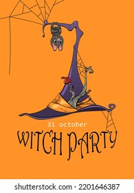 Holiday Poster Mockup For Halloween Holiday. Witch Hat With Bat And Cobwebs On Orange Background For Magical Sorceress Party.