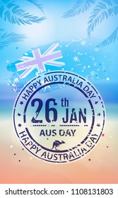 Holiday poster on the day of Australia with a summer background and circle type symbol. Summer beach landscape with a silhouette of palm trees, the flag of Australia and transparency symbol