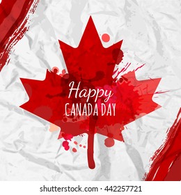 Holiday poster with red Canada maple leaf drawn on crumpled white paper. Happy Canada Day watercolor background. Grunge canadian flag illustration. Design for banner or greeting cards.