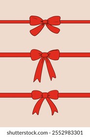 Afiche de Festiva con lazos de regalo rojos. Ilustración vectorial de cintas. Conjunto de nudos de arco de Navidad dibujados a mano