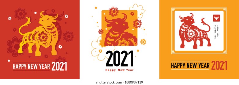 Holiday poster set with Year of the ox and Happy Chinese New Year text vector illustration