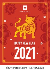 Holiday poster with Year of the ox and Happy Chinese New Year text vector illustration