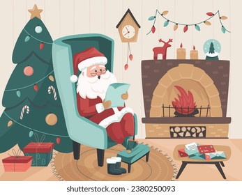 Preparación de vacaciones. Feliz y viejo Papá Noel barbudo sentado en el sillón cerca de la chimenea y leyendo una carta o haciendo una lista de regalos. Ilustración vectorial de Navidad corta en estilo retro