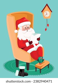 Holiday preparation. Happy old kind bearded Santa Claus wearing hat, glasses, sitting in the arm chair and reading a letter or making list of presents. Christmas vector illustration