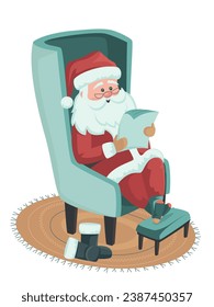Holiday preparation. Happy old kind bearded Santa Claus wearing hat, glasses, sitting in the arm chair and reading a letter or making list of presents. Christmas vector illustration in retro style