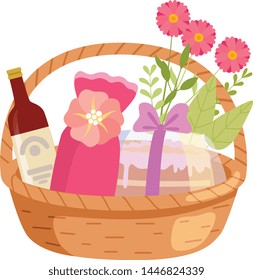 Holiday Present Basket Full of Gifts, Flowers and Alcohol Bottle, Birthday, Xmas, Wedding, Anniversary Celebration Design Element Vector Illustration