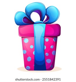 Caixa de presente de férias com arco azul grande. Caixa de presente em papel rosa. Ilustração vetor de desenhos animados da caixa de presente de Natal com fita no fundo branco.