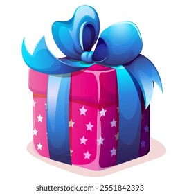 Holiday present box with large blue bow. Gift box in pink paper with stars. Cartoon vector illustration of Christmas gift box with ribbon on white background.