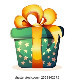Holiday present box with large yellow bow. Gift box in green  paper with stars. Cartoon vector illustration of Christmas gift box with ribbon on white background.