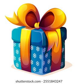 Holiday present box with large yellow bow. Gift box in blue paper with snowflakes. Cartoon vector illustration of Christmas gift box with ribbon on white background.