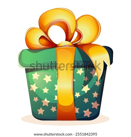 Holiday present box with large yellow bow. Gift box in green  paper with stars. Cartoon vector illustration of Christmas gift box with ribbon on white background.