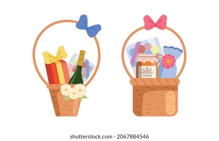 Holiday Present with Wicker Basket Full of Gifts for Special Event Vector Set