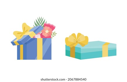 Holiday Present with Wrapped Box Full of Gifts for Special Event Vector Set