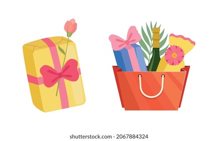 Holiday Present with Wrapped Package and Paper Bag Full of Gifts for Special Event Vector Set