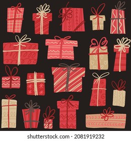 Holiday presents. Decorative vector seamless pattern with gift boxes. Trends color hand drawn illustration in modern flat style for your design.
