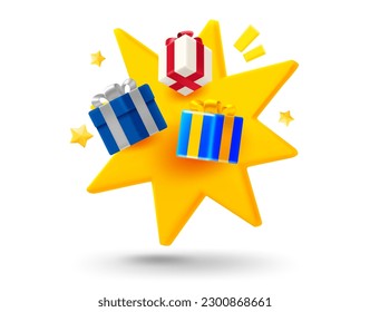 Holiday presents with explosion effect. 3d vector mobile application icon with notification