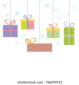 Holiday presents hanging from above. Beautiful gift boxes and snowflakes. Ideal for holidays, Christmas season, winter vacation. 