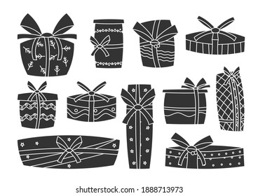 Holiday presents, retro glyph silhouette set. Templates, gifts boxes with ribbon. Christmas surprise. Celebration symbol New year. Happy Birthday concept element. Isolated on white vector illustration