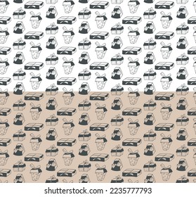 Holiday presents seamless pattern. Hand drawn brush stroke sketch style illustration, doodle gift box with ribbons. Black and white colors. Transparent background. Vector