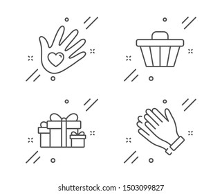 Holiday presents, Shop cart and Social responsibility line icons set. Clapping hands sign. Gift boxes, Web buying, Helping hand. Clap. Business set. Line holiday presents outline icon. Vector