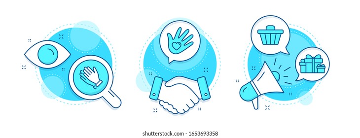 Holiday presents, Shop cart and Social responsibility line icons set. Handshake deal, research and promotion complex icons. Clapping hands sign. Gift boxes, Web buying, Helping hand. Clap. Vector