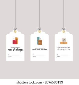 Holiday printable greetings labels with doodle gifts with celebratory wishes. Festive hand drawn gifts red, green, yellow, orange colors on pastel blue background.