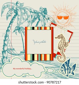 Holiday projects for travel flyers or brochures. Hand drawn beach, palm trees and hammock, frames for photo or text