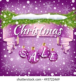 Holiday promotional advertising ribbon with decoration of Christmas balls, Christmas tree branches, snow and snowflakes in violet shades