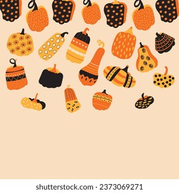 Holiday promotional banner for holiday design with pumpkins. Autumn harvest of vegetables in the background for the October holiday of Halloween or Thanksgiving. Special internet offer, banner. Hand d
