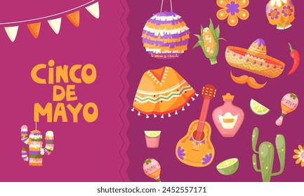 Holiday promotional web banner for Cinco de Mayo. Mexican culture. Vector illustration