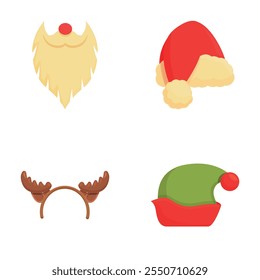 Holiday props icons set cartoon vector. Christmas photo booth festive mask. Christmas party