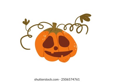 Holiday pumpkin isolated on white background. Textured stylized autumn ripe vegetable with spooky face. Halloween carved lantern with tendrils and leaves. Vector hand drawn illustration