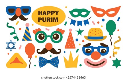 Holiday Purim big set. Carnival mask, clown glasses, ribbons, hat, party cap and other bright elements. Modern vector illustration for invitation design, poster, banner, flyer, print