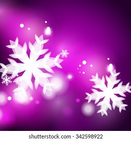 Holiday purple abstract background, winter snowflakes, Christmas and New Year design template, light shiny modern vector illustration