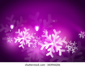 Holiday purple abstract background, winter snowflakes, Christmas and New Year design template, light shiny modern vector illustration