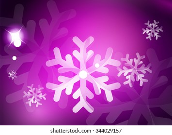 Holiday purple abstract background, winter snowflakes, Christmas and New Year design template, light shiny modern vector illustration