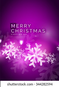 Holiday purple abstract background, winter snowflakes, Christmas and New Year design template, light shiny modern vector illustration