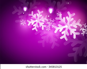 Holiday purple abstract background, winter snowflakes, Christmas and New Year design template, light shiny modern vector illustration
